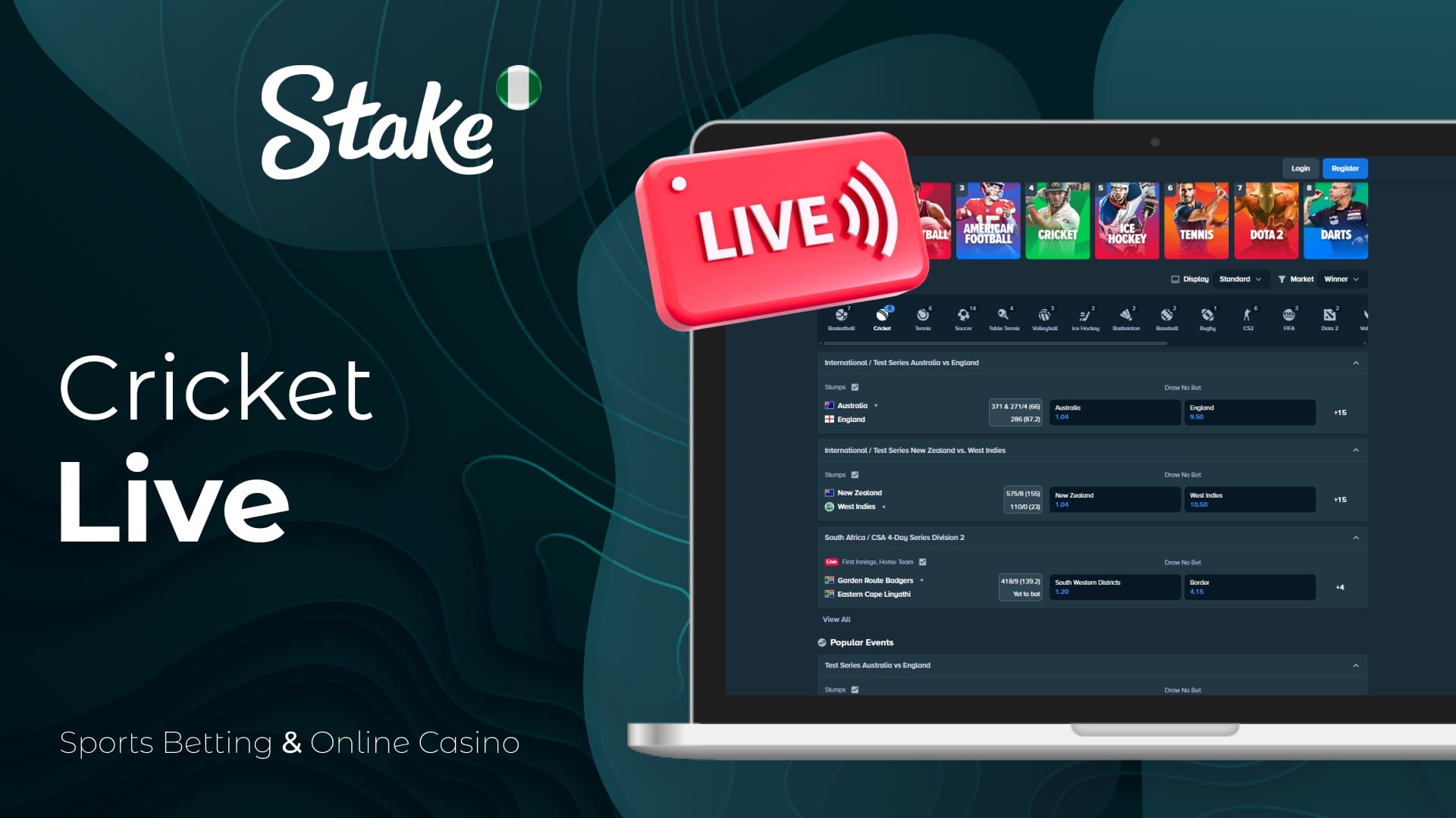 Stake Nigeria Cricket sports betting live section for betting on events in real time